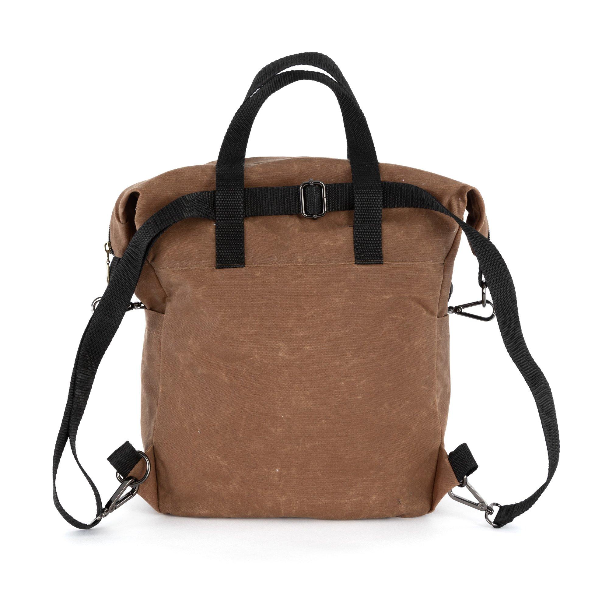 Convertible waxed canvas tote bag that you can use as a backpack