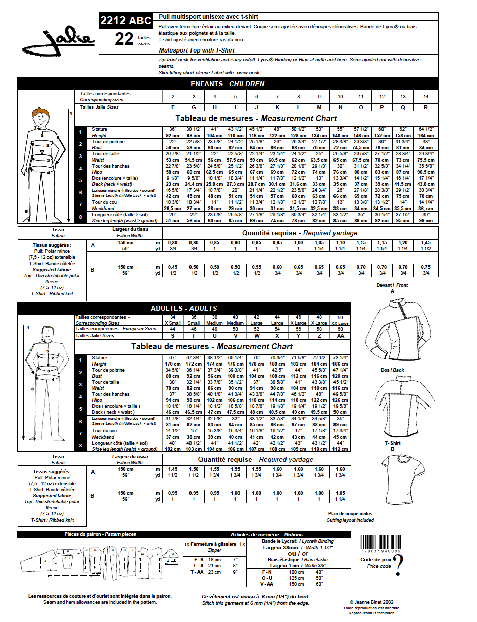 2212 // T-Shirt and Half-Zip Fleece Pullover - Jalie