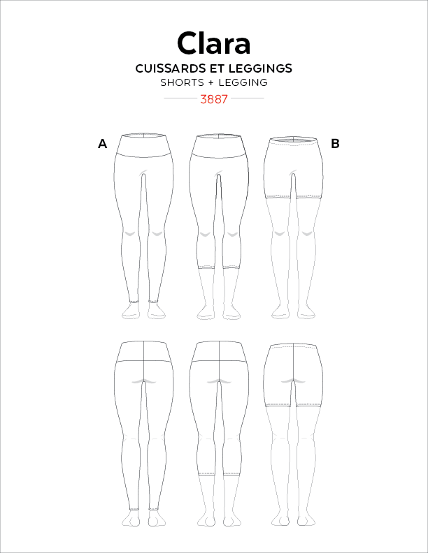 Clara leggings pattern technical drawing - the sewing pattern includes leggings, capi and biker shorts with a wide waistband and no front seam