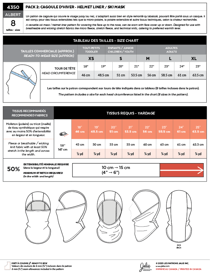 Jalie 4350 (Albert) - Sewing pattern to make your own balaklava / ski mask / helmet liner for kids or adults