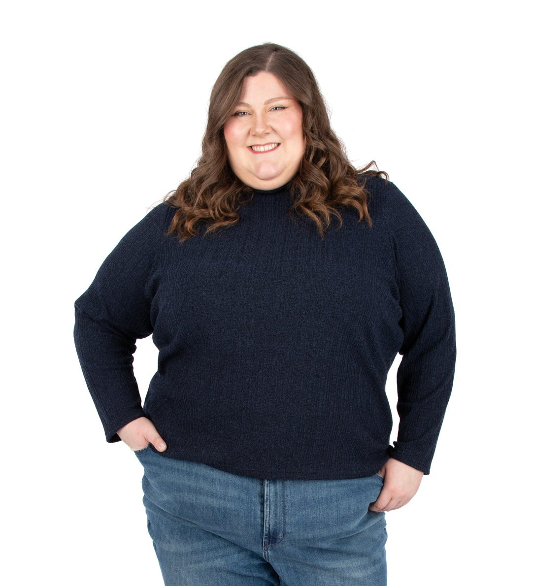 Person wearing a navy mock neck tee made with the Tina sewing pattern