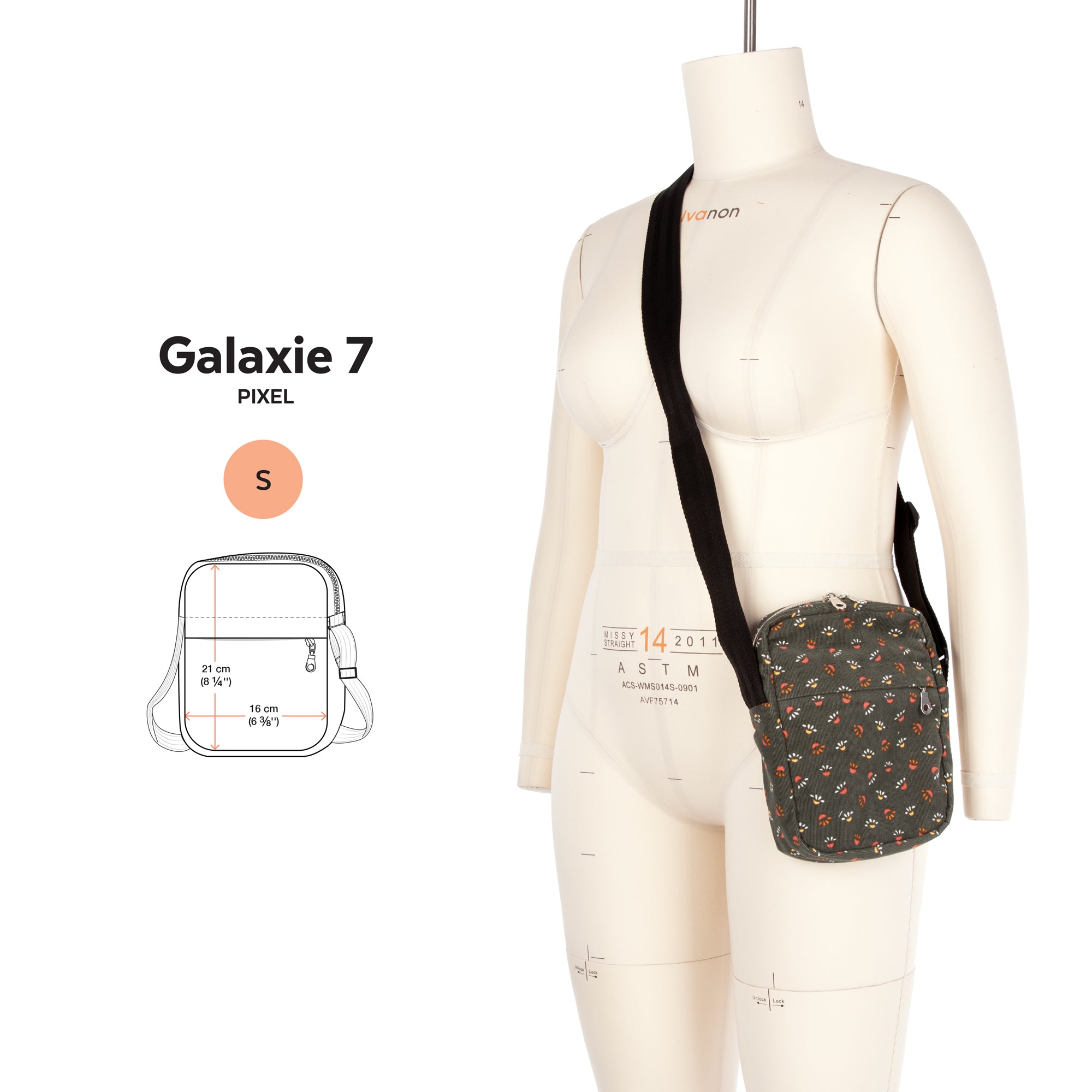 A mannequin torso wearing a small crossbody bag with a dark floral print and black strap, shown on a white background with a size diagram and the text 'Galaxie 7 PIXEL S'.