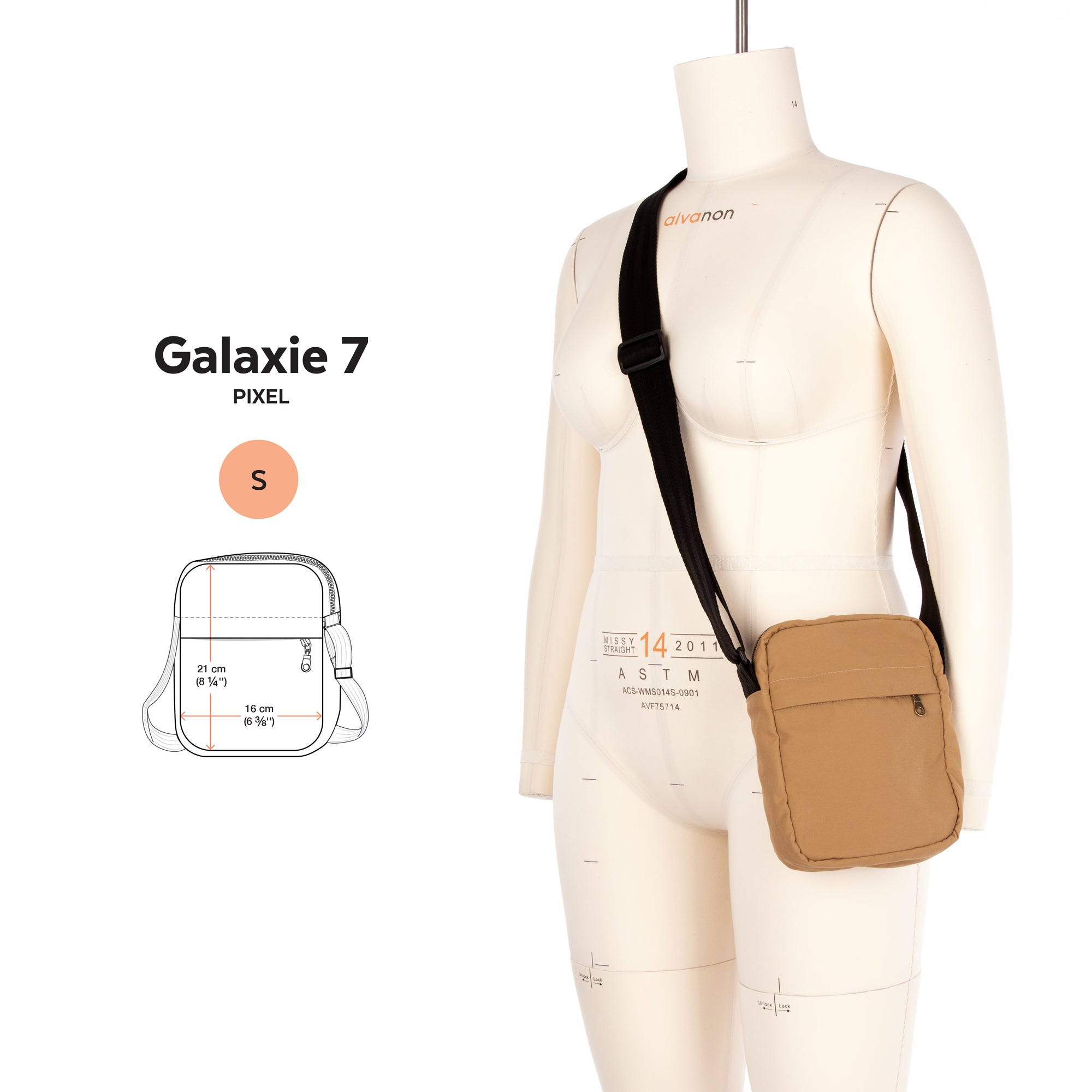 A beige crossbody phone bag with a black strap, shown on a cream mannequin torso. The left side features a size diagram labeled 'Galaxie 7 PIXEL' with a peach circle marking 'S'.
