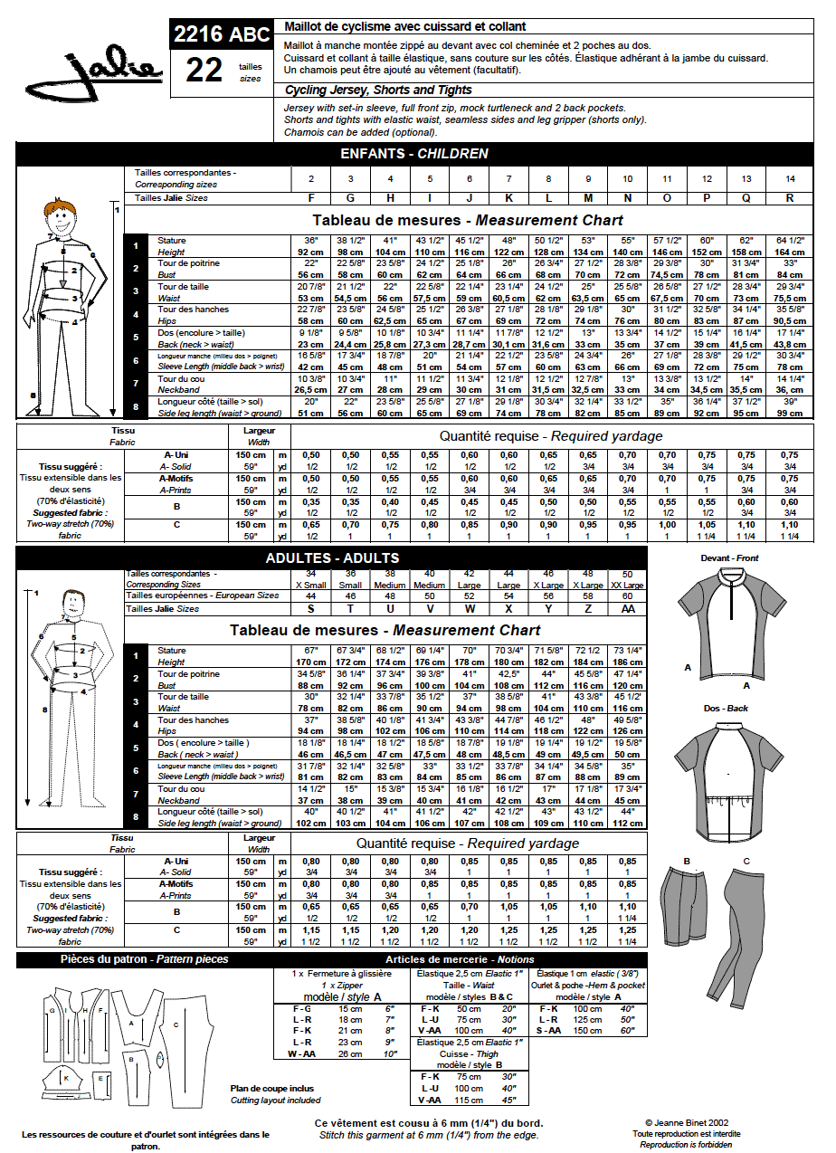 Sewing Pattern Jalie 2216 - Cycling Jersey, Shorts and Tights