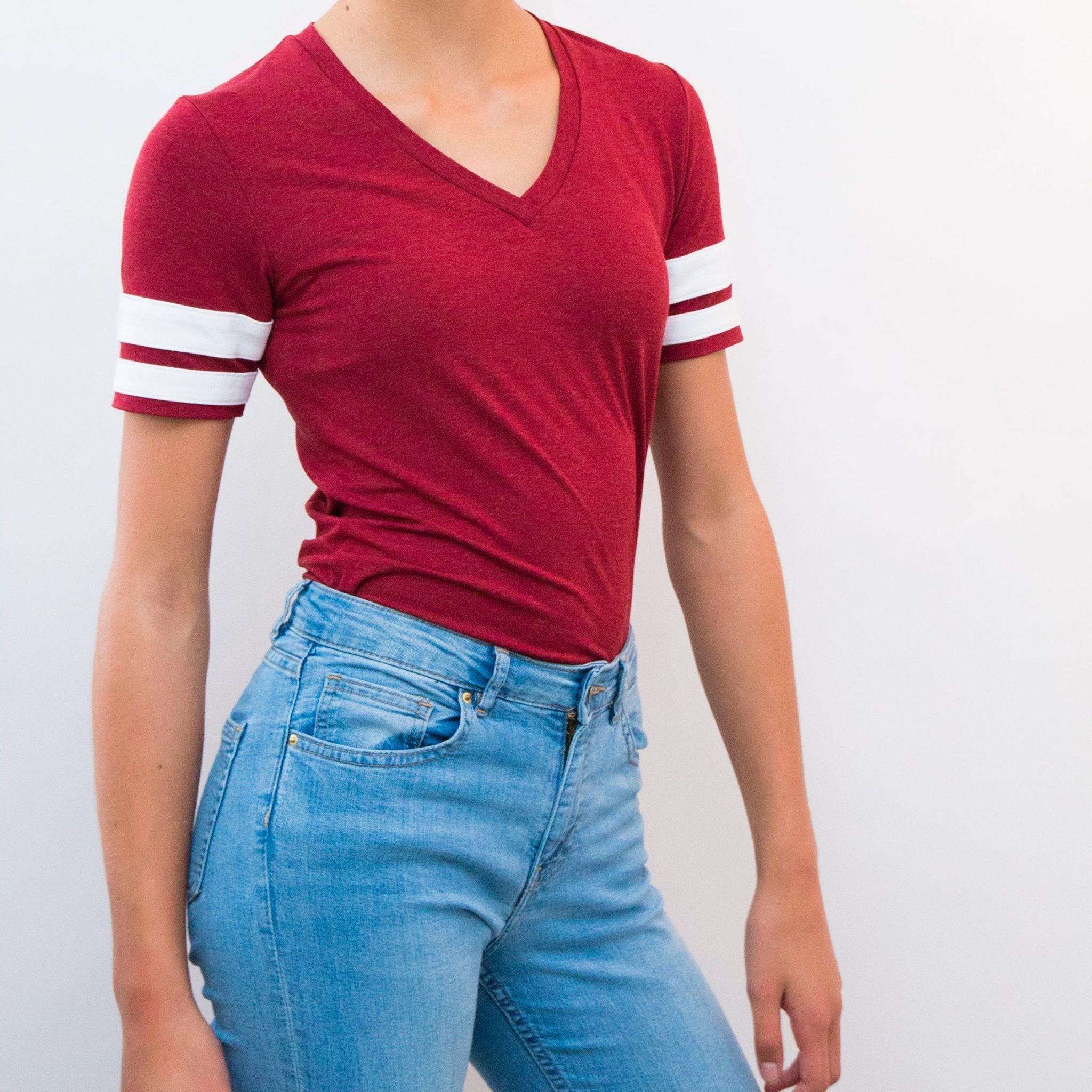 Red V-neck version of t-shirt pattern 2805, with added stripes on the sleeves