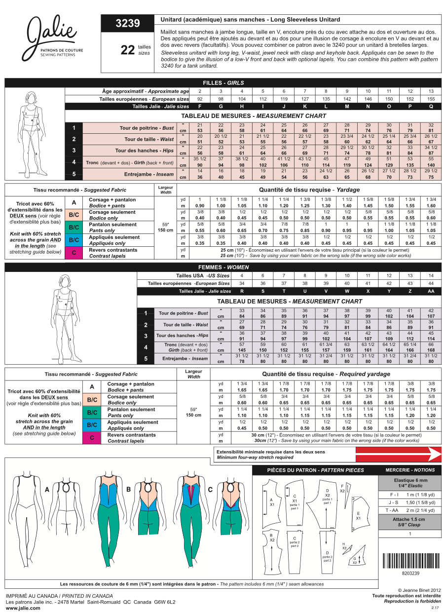 Sewing Pattern Jalie 3239 - Long Sleeveless Unitard Pattern