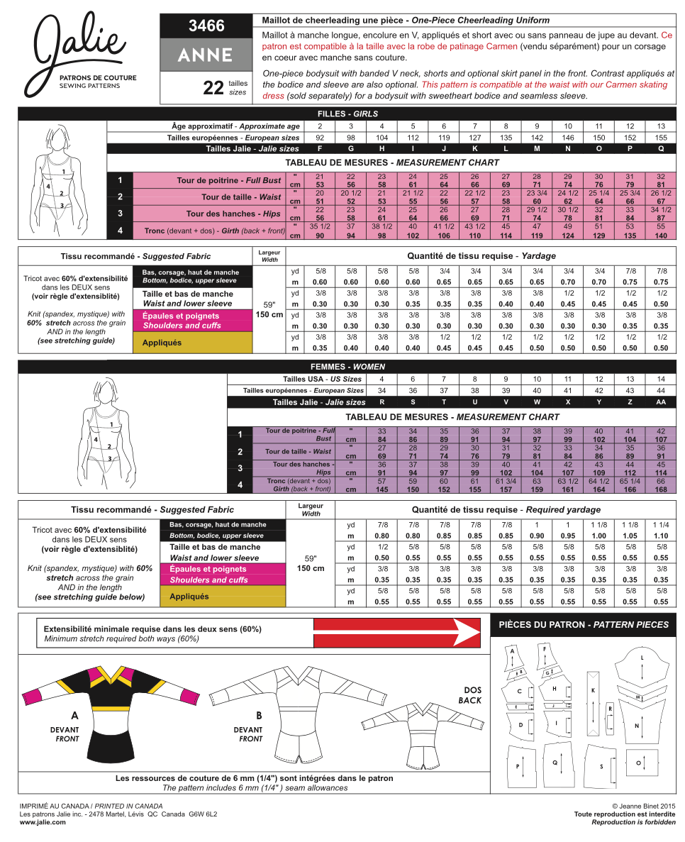Sewing Pattern Jalie 3466 - Anne One-Piece Cheerleading Uniform Pattern