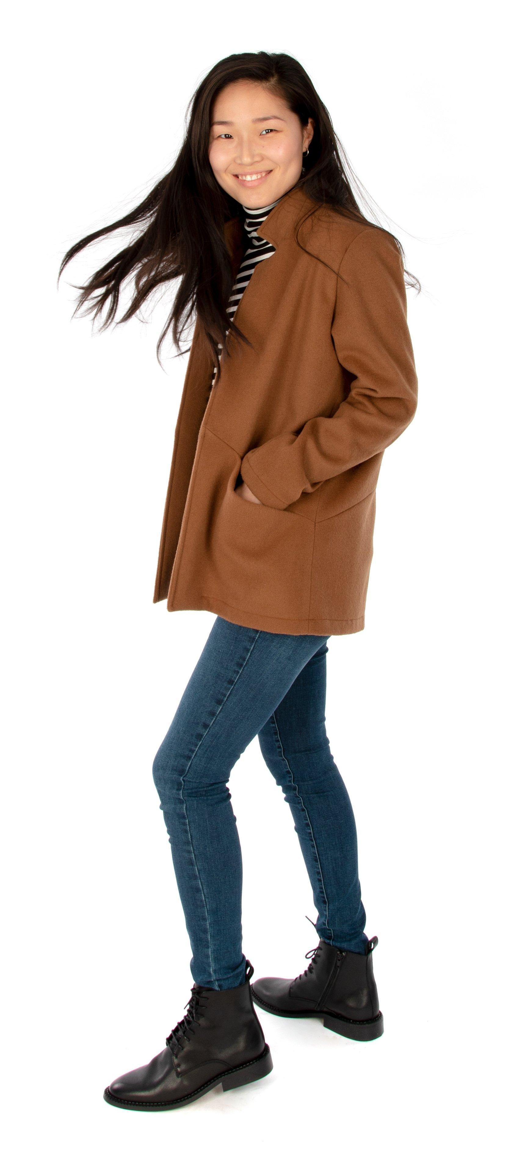 Jalie 3906 Coatigan - 2 sizes more than her regular size for a relaxed / loose fit.