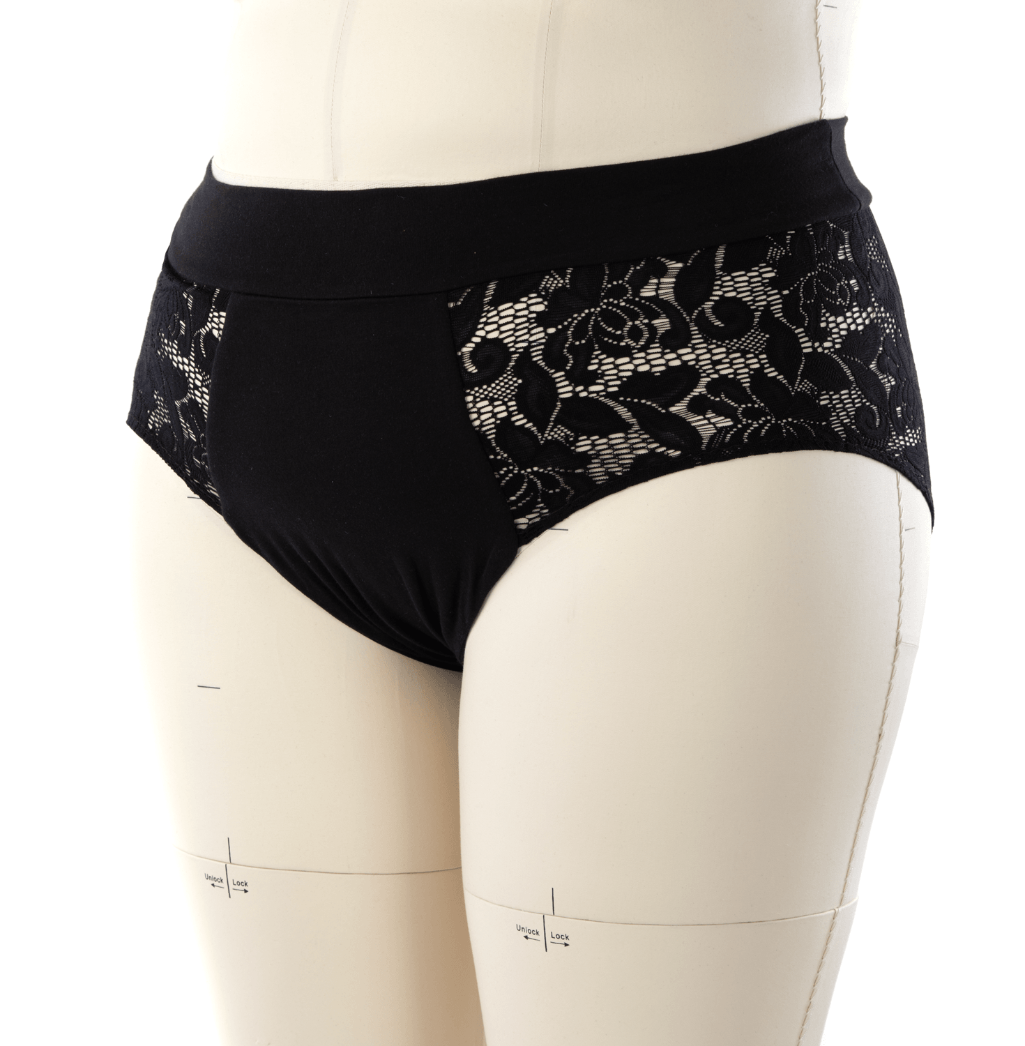 Period underwear with waistband option, stretch lace sides